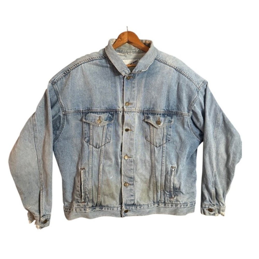 American Born Mens Denim Jean Jacket XL Winson Rodeo Patched Trucker Style Blue